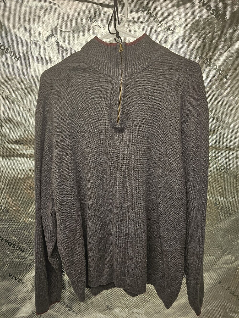 Geoffrey Beene Quarter Zip Sweater Men's XL Grey Burgundy Knit Pullover